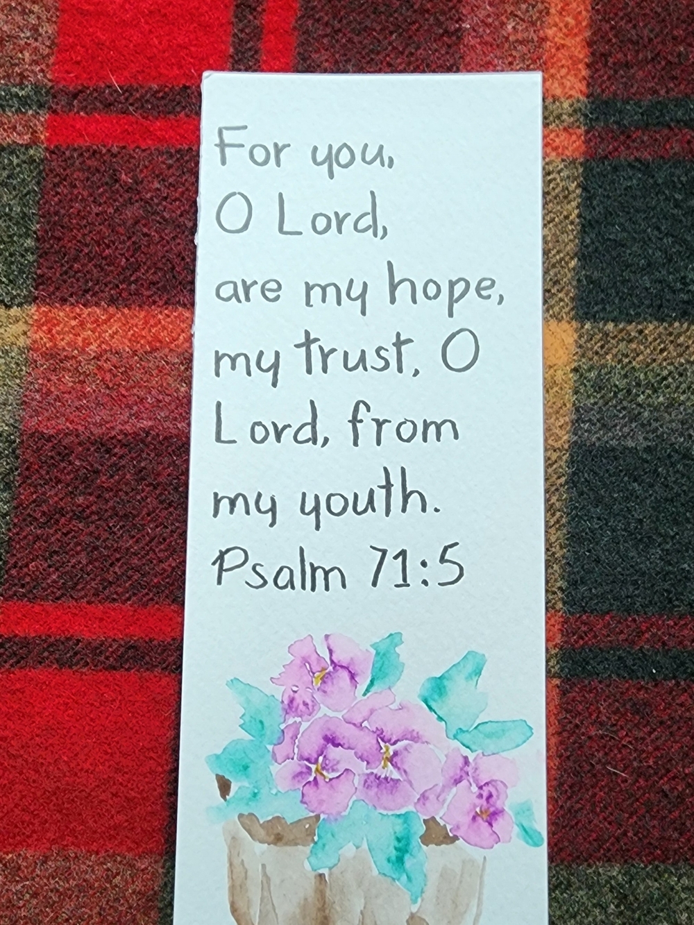 Handwritten Psalm 71:5 Watercolor Bookmark - Purple Floral